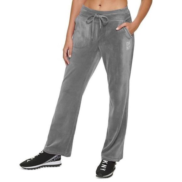 DKNY Sport DP2P3138 Women's Sz L Steel Gray Rhinestone Logo Velour Track Pants - Picture 1 of 10